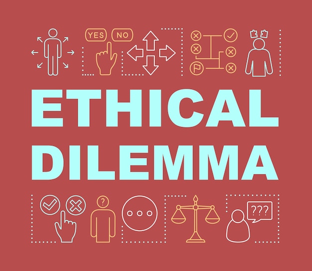 Ethical dilemma word concepts banner. Moral choice, solution. Ethical decision making. Presentation, website. Isolated lettering typography idea with linear icons. Vector outline illustration