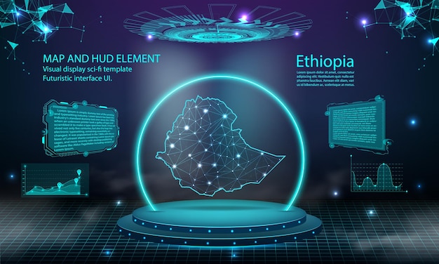 Ethiopia map light connecting effect background abstract digital technology UI GUI futuristic HUD Virtual Interface with ethiopia map Stage futuristic podium in fog