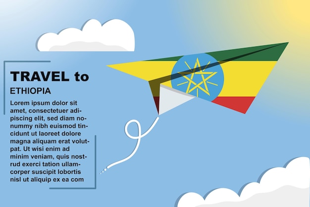 Ethiopia travel vector banner with paper flag and text space flag on paper plane vacation concept