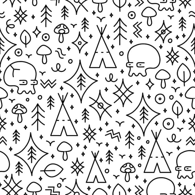 Ethnic ancient shamanic tribal style fashion seamless pattern. Vector hand drawn doodle cartoon line illustration. Primitive tribal,shaman,indian,shamanic,magic mushroom,floral seamless pattern