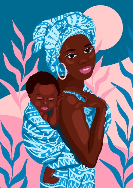 Ethnic background with african woman, mother and child vector poster