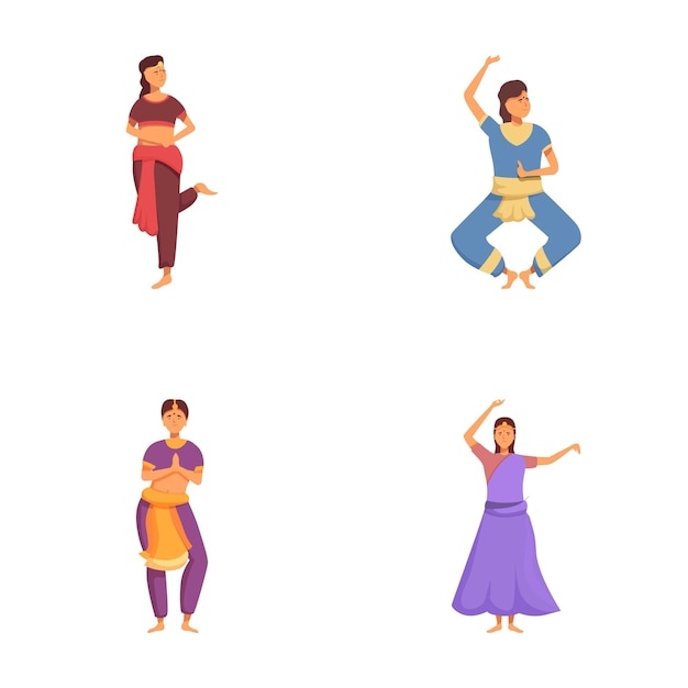 Ethnic dance icons set cartoon vector Woman dancer in national indian cloth