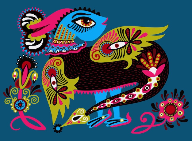 Ethnic fantastic animal doodle design in karakoko style unusual animal ukrainian traditional