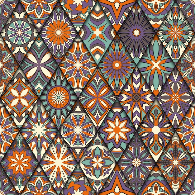 Ethnic floral seamless pattern with vintage mandala elements. 