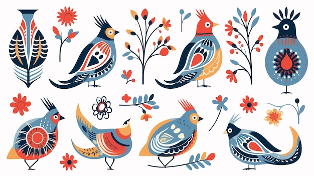 Vector ethnic folk birds decorative bird with flower wing