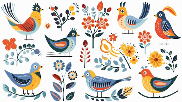 Vector ethnic folk birds decorative bird with flower wing