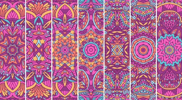 Vector ethnic geometric pattern set with bright color psychedelic print