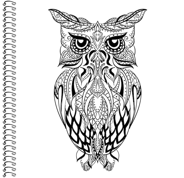 Ethnic illustration of owl and tattoo patterns