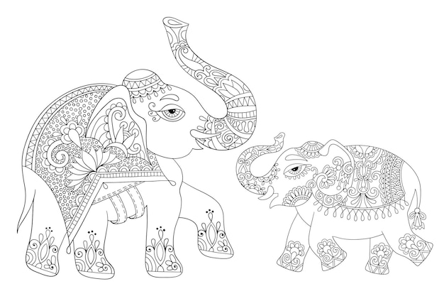 Ethnic indian elephant line original drawing adults coloring book page