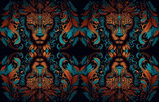 Vector ethnic lion fabric pattern abstract traditional folk antique graphic line lion fabric textile lion