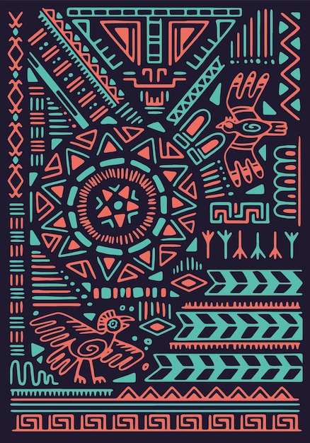 Ethnic Mexican signs cultural African elements on tribal wall art Animal symbols abstract geometric shapes on traditional Aztec background Ancient pattern on poster Flat vector illustration