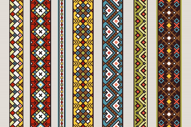 Ethnic ribbon patterns. Vector mexican or tibetan seamless ribbon pattern set with carpet design