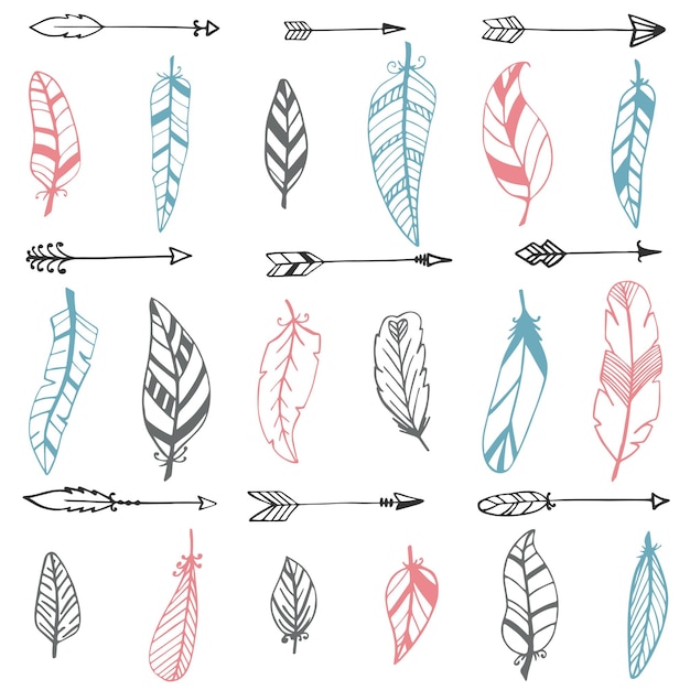 Ethnic seamless pattern with hand drawn arrows and feathers