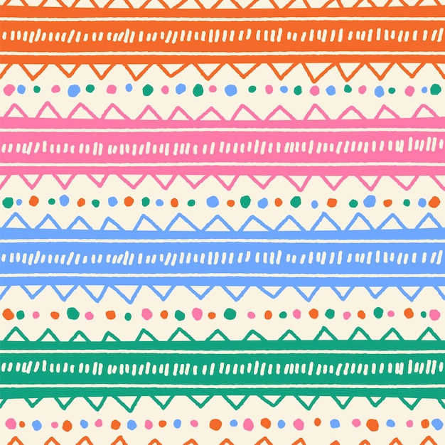 Ethnic Tribal Geometric Folk Indian Scandinavian Gypsy Mexican Boho African Ornament Texture Seamless Pattern Zigzag Dot Line Horizontal Stripes Color Print Textiles Background Vector Illustration