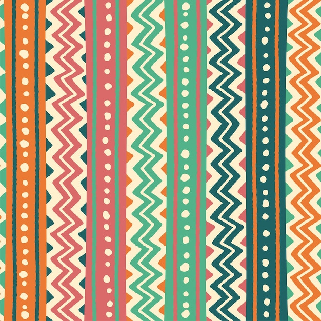 Ethnic Tribal Geometric Folk Indian Scandinavian Gypsy Mexican Boho African Ornament Texture Seamless Pattern Zigzag Dot Line Vertical Stripes Color Print Textiles Background Vector Illustration