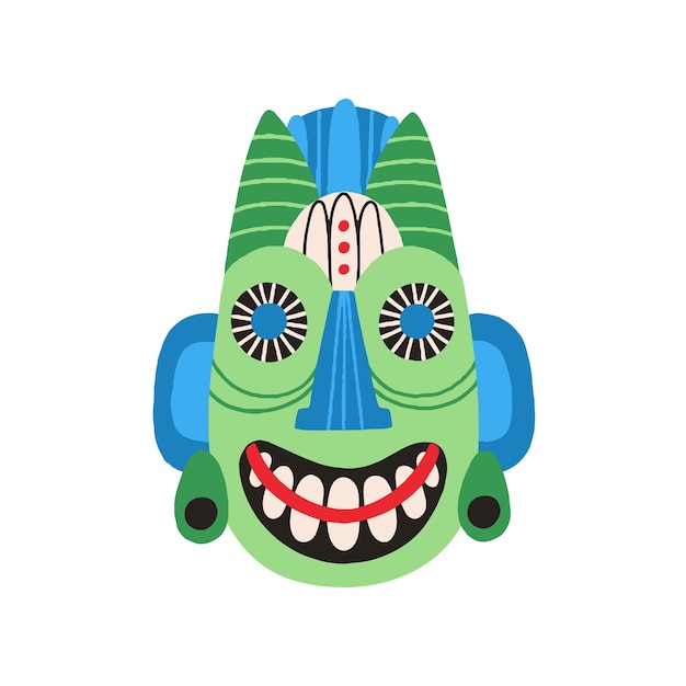 Ethnic tribal mask with huge eyes and wide smile. Traditional ritual symbol. Ancient african art. Flat vector illustration isolated on white background.