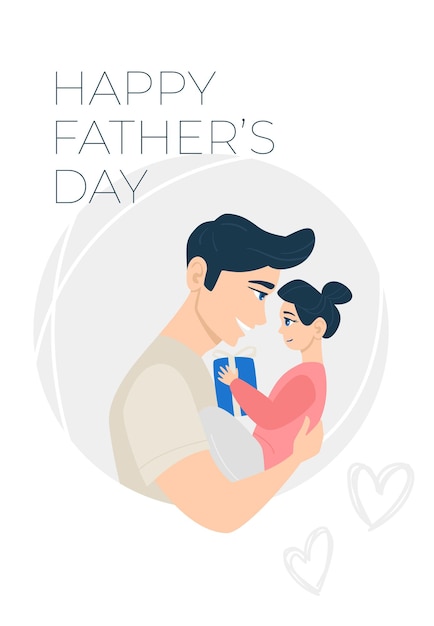 Ettering Happy fathers day Illustration with dad and daughter Daughter gives a gift to dad