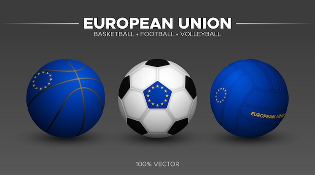 Vector eu european union flag basketball football volleyball balls mockup 3d vector sport illustration