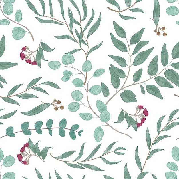 Eucalyptus branches hand drawn vector seamless pattern. Realistic exotic plant foliage texture. Twigs with green leaves decorative background. Floral wallpaper, textile, wrapping paper design.