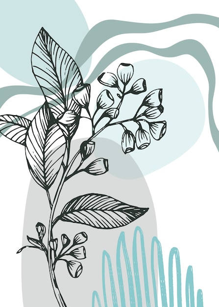 Eucalyptus hand Painted Illustrations for Wall Decoration minimalist flower in sketch style