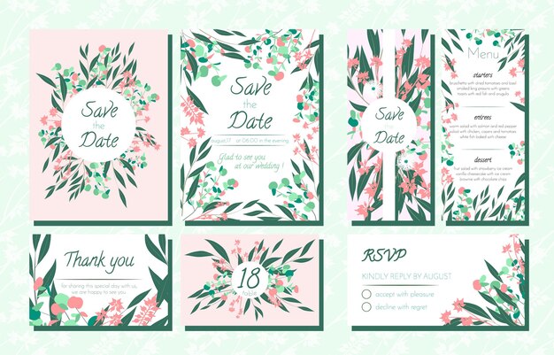 Vector eucalyptus leaves and flowers in rustic wedding invitation set