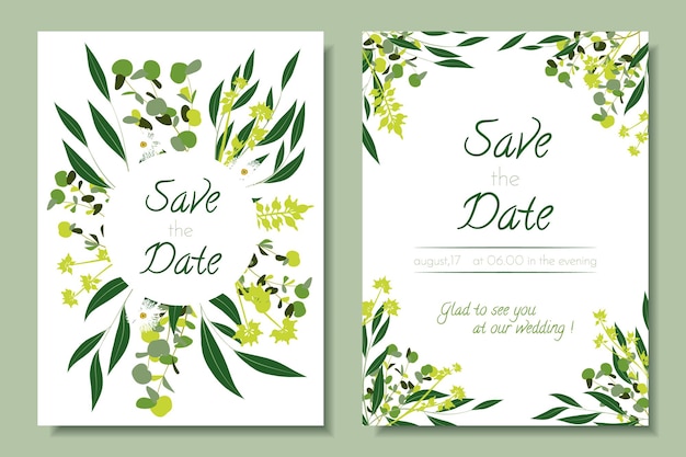 Eucalyptus wedding cards collection with floral border