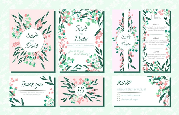 Vector eucalyptus wedding cards collection with floral border