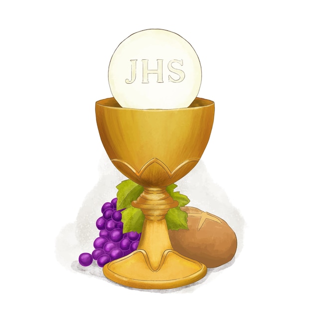 Eucharist symbols of bread and wine chalice and host with wheat ears and grapes vine