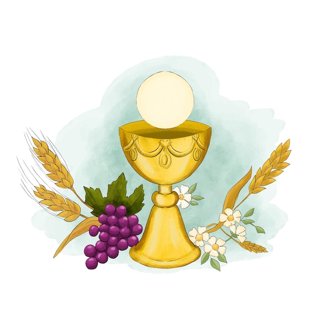 Eucharist symbols of bread and wine chalice and host with wheat ears and grapes vine