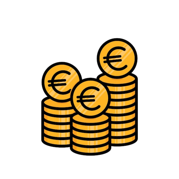 Euro coins stack black outline vector illustration icon flat finance heap golden money standing on stacked