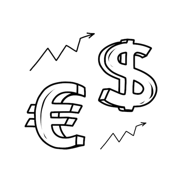 Euro and dollar doodle icon, isolated on a white background. Vector hand-drawn illustration of money