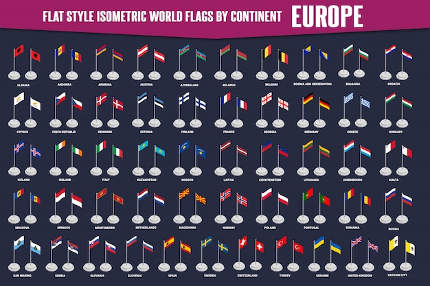 Europe Country Flat Style Isometric Flags