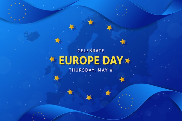 Europe day th may wavy ribbon flag on blue background happy europe independence day banner