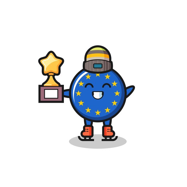 Europe flag badge cartoon as an ice skating player hold winner trophy , cute style design for t shirt, sticker, logo element