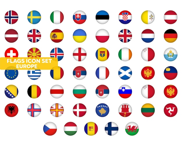 Europe Flag Icons Set European Countries Circled Flags Ukraine UK Germany and other Stock Vector Graphics Element 52 symbols