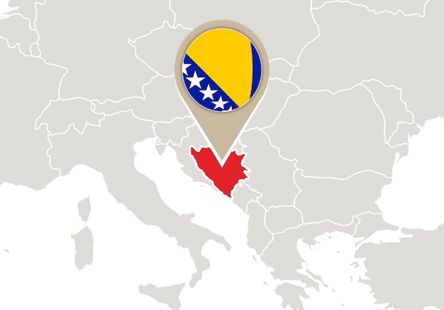 Europe with highlighted Bosnia and Herzegovina map and flag