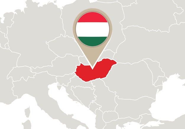 Europe with highlighted Hungary map and flag