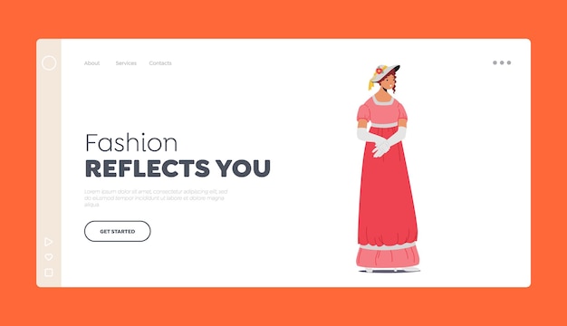 European Antique Fashion Landing Page Template 19th Century Lady Victorian English or French Woman Wear Elegant Gown