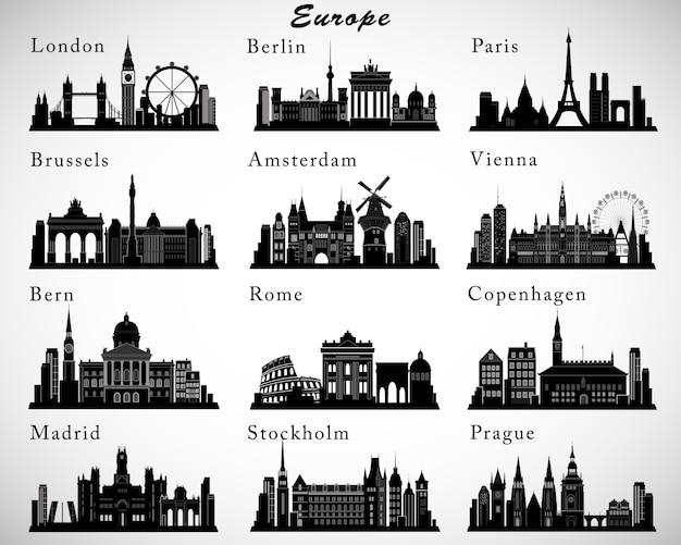 European Cities skylines set. silhouettes