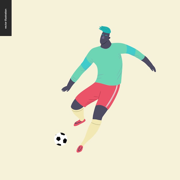 European football, soccer player - flat vector illustration of a young man wearing european football player equipment kicking a soccer ball