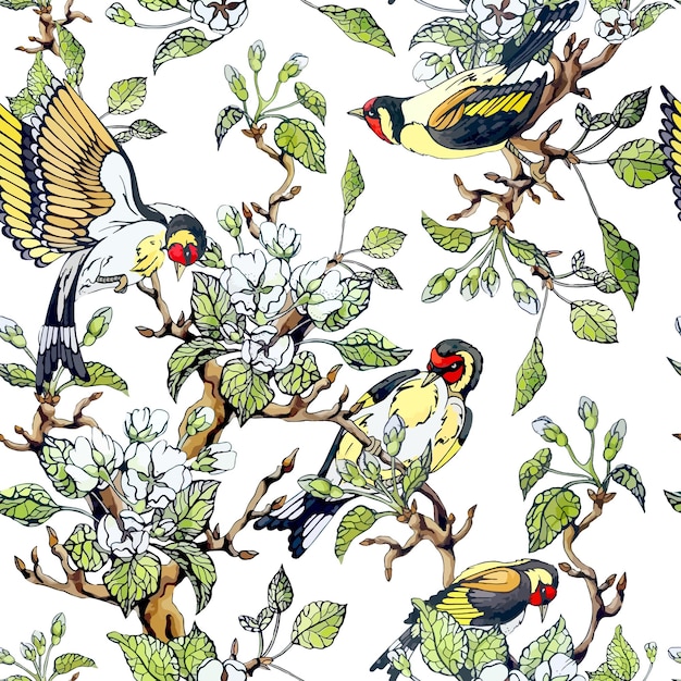 European goldfinch bird and apple tree flowers seamless pattern Watercolor decor with spring floral