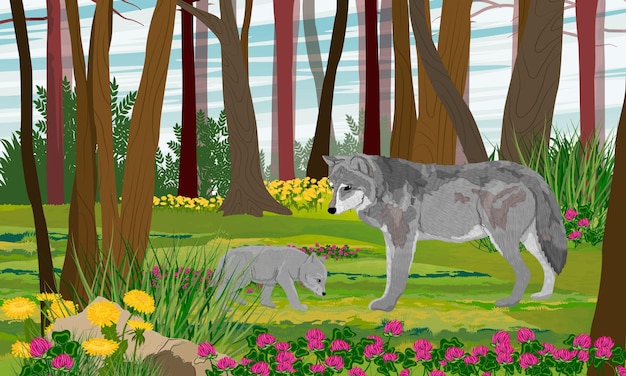 European Gray wolf and wolf cub in the forest with blooming dandelions and clover. Realistic vector