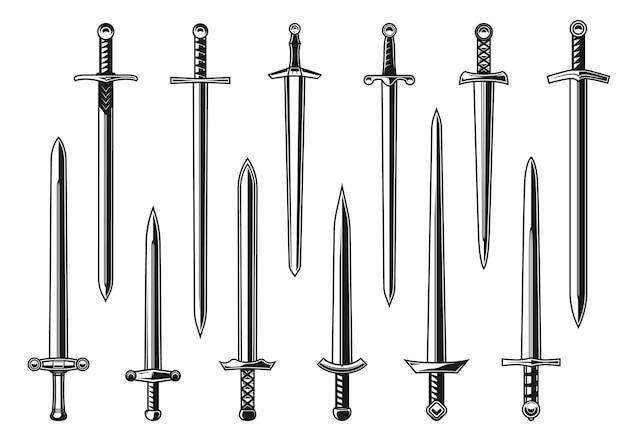 European knight straight swords vector design with weapon of medieval army warrior. Isolated dagger, knife or broadsword with double edged blades, hilts, guards and pommels, tattoo and heraldry design