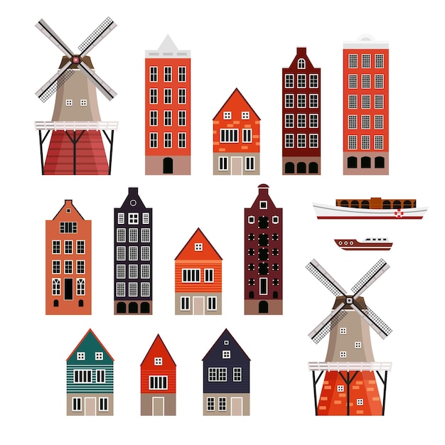 European traditional house facades. City architecture design elements. Mills. Boats.