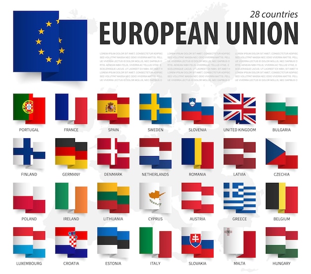 European Union EU Waving zig zag ribbon flag design Europe map on background Element vector