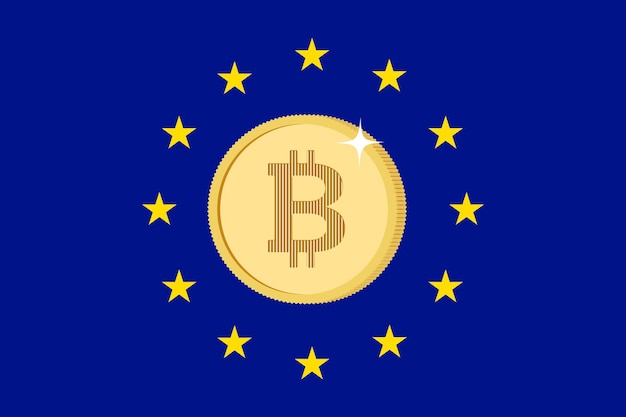 European Union flag and bitcoin coin Cryptocurrency tax regulation on Europe