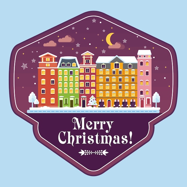 European winter city on greeting card for Christmas, New Year. Bright colorful houses, snow, festive Christmas tree. Badge, logo for congratulations, advertising, packaging. Flat vector illustration.