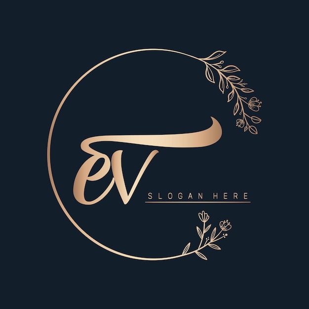 ev calligraphic and signature vector logo design with circle in gold color leaf and flower