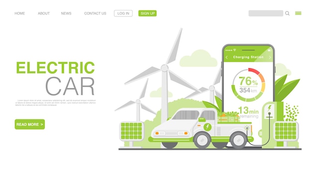 Ev car or electric car at charging station landing page Premium Vector