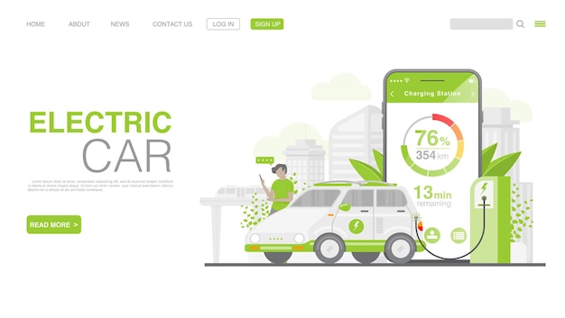 EV Car Or Electric Car At Charging Station Landing Page